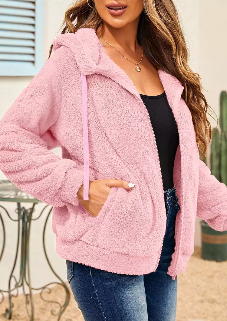 Pocket Zipper Drawstring Hooded Coat - Light Pink 5 Pocket Zipper Drawstring Hooded Coat - Light Pink - Image 3