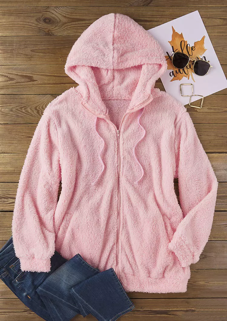 Pocket Zipper Drawstring Hooded Coat - Light Pink 4 Pocket Zipper Drawstring Hooded Coat - Light Pink - Image 2
