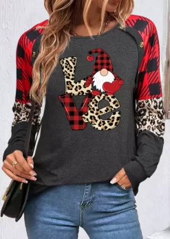 Christmas Love Plaid Leopard Santa Claus Sweatshirt - Gray