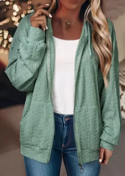 Textured Pocket Zipper Drawstring Hoodie - Green