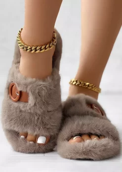 Fuzzy Round Toe Slip On Slippers - Khaki