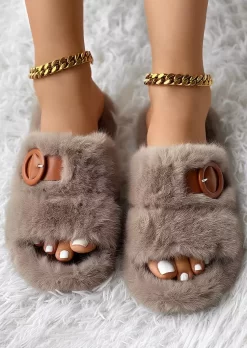 Fuzzy Round Toe Slip On Slippers - Khaki -Garment Sale Store SCM021822 2 B0746896603754 124