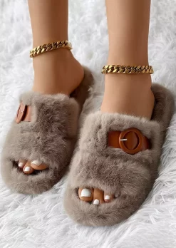 Fuzzy Round Toe Slip On Slippers - Khaki -Garment Sale Store SCM021822 2 B0746896638689 124