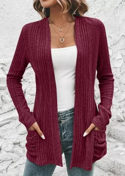Ribbed Pocket Long Sleeve Cardigan - Red