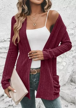 Ribbed Pocket Long Sleeve Cardigan - Red -Garment Sale Store SCM021848 3 B0956920036668 124