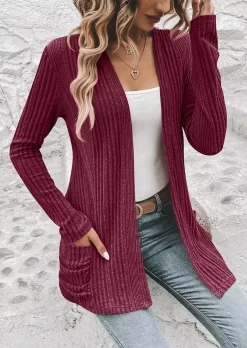 Ribbed Pocket Long Sleeve Cardigan - Red -Garment Sale Store SCM021848 3 B0956930068069 124