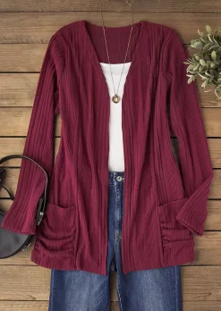 Ribbed Pocket Long Sleeve Cardigan - Red -Garment Sale Store SCM021848 3 B0956930104807 124