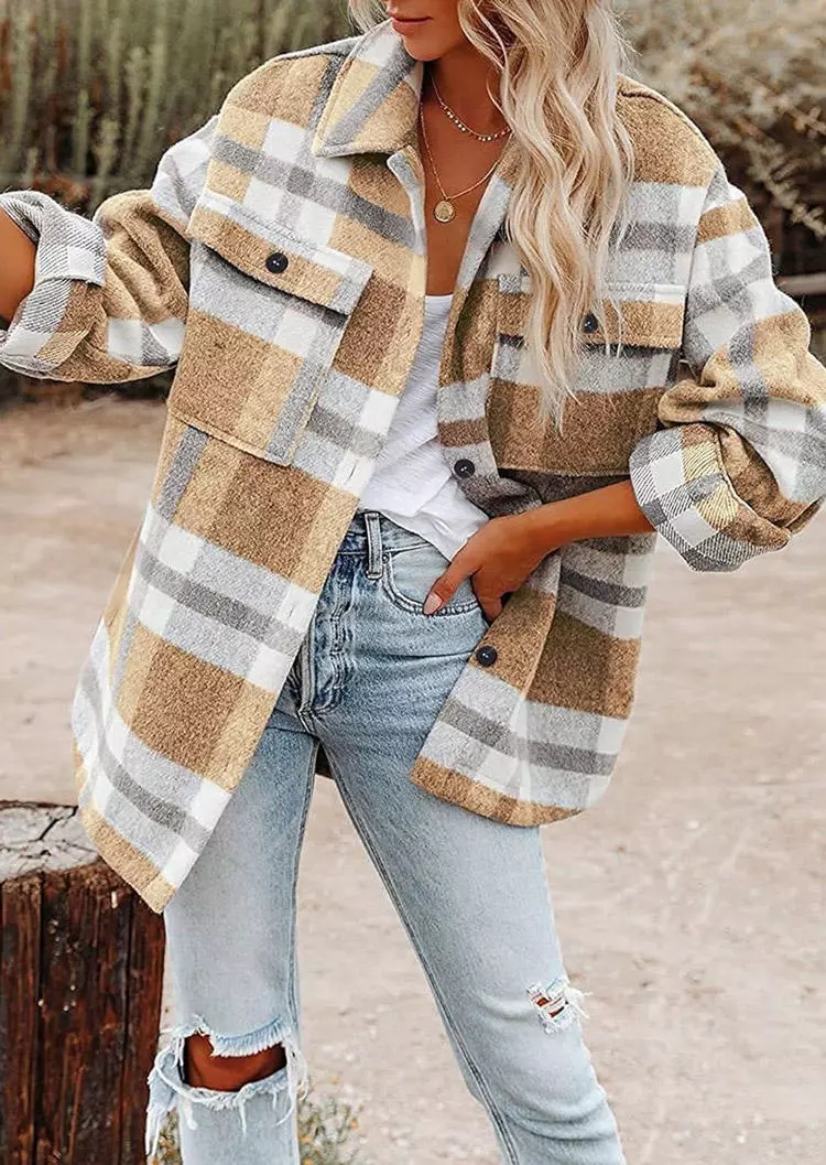 Plaid Button Flannel Shirt Jacket - Khaki 3 Plaid Button Flannel Shirt Jacket - Khaki