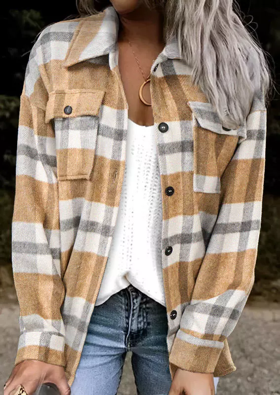 Plaid Button Flannel Shirt Jacket - Khaki 4 Plaid Button Flannel Shirt Jacket - Khaki - Image 2