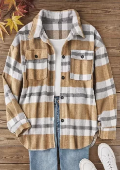 Plaid Button Flannel Shirt Jacket - Khaki 9 Plaid Button Flannel Shirt Jacket - Khaki -Garment Sale Store SCM021874 2 B0960544496556 124