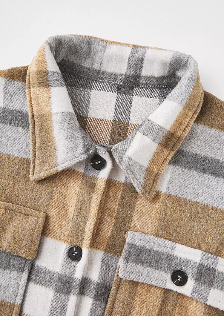 Plaid Button Flannel Shirt Jacket - Khaki 6 Plaid Button Flannel Shirt Jacket - Khaki - Image 4