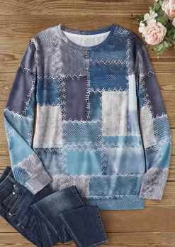 Plaid Color-Blocked Sweatshirt - Blue -Garment Sale Store SCM021882 1 B1340911508426 124