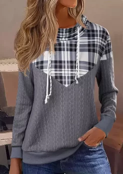 Plaid Textured Drawstring Sweatshirt - Gray