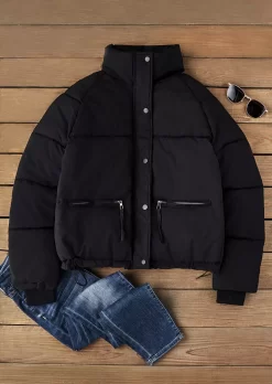 Snap Button Long Sleeve Parka Coat - Black -Garment Sale Store SCM022085 1 B1417506944912 124