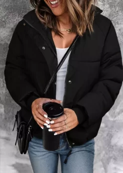 Snap Button Long Sleeve Parka Coat - Black