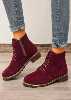 Zipper Lace Up Boots - Red