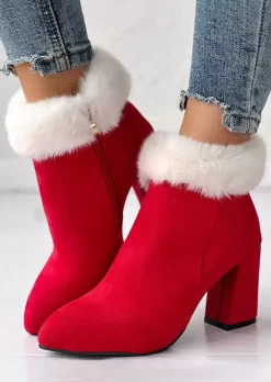 Plush Zipper Pointed Toe Heeled Boots - Red