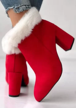 Plush Zipper Pointed Toe Heeled Boots - Red -Garment Sale Store SCM022098 3 B1784431737876 124