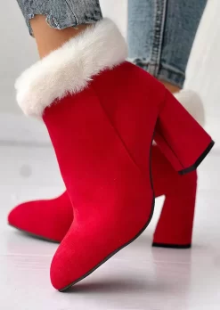 Plush Zipper Pointed Toe Heeled Boots - Red -Garment Sale Store SCM022098 3 B1784431771994 124